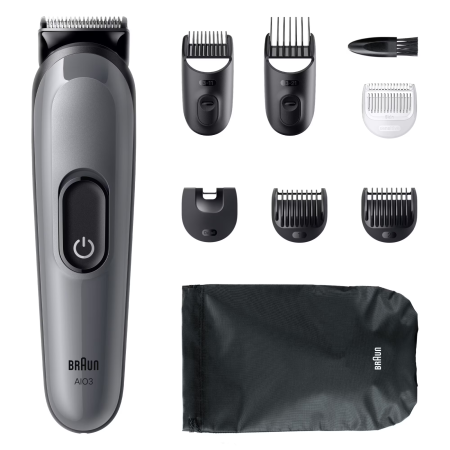 Aparat de tuns multifunctional Braun All-in-One Seria 3 AIO3540, 8-in-1, Lama ultra ascutita, 6 Piepteni, 1 Perie de curatare, 1 Saculet, 14 Setari de lungime , Autonomie 50 minute, Gri argintiu lucio [2]