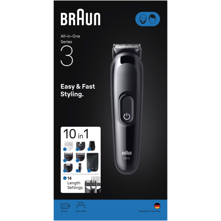 Aparat de tuns multifunctional Braun All-in-One Seria 3 AIO3560, 10-in-1, Lama ultra ascutita, 7 Piepteni, 1 Mini Cap de ras, 1 Cap de tuns sprancene, 1 Perie de curatare, 1 Saculet, 14 Setari de lung [2]