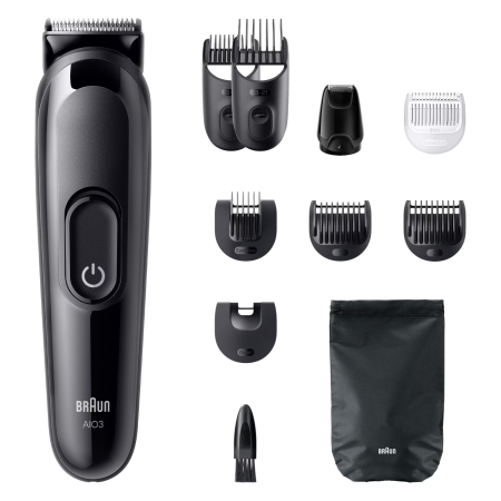 Aparat de tuns multifunctional Braun All-in-One Seria 3 AIO3560, 10-in-1, Lama ultra ascutita, 7 Piepteni, 1 Mini Cap de ras, 1 Cap de tuns sprancene, 1 Perie de curatare, 1 Saculet, 14 Setari de lung [1]