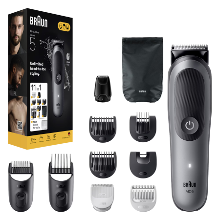 Aparat de tuns multifunctional Braun All-in-One Seria 5 AIO5560, 11-in-1, Lama ultra ascutita, 7 Piepteni, 1 Mini Cap de ras, 1 Cap tuns SkinGuard, 1 Perie de curatare, 1 Saculet, AquaGrip pentru cont [1]