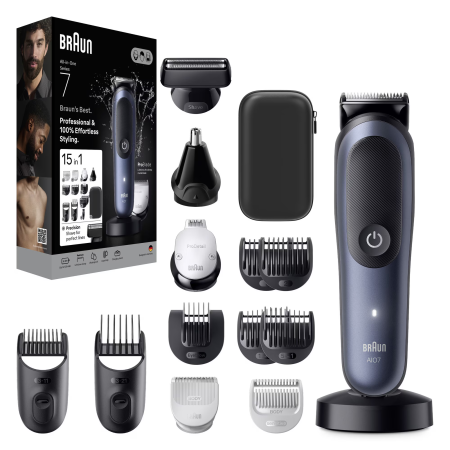 Aparat de tuns multifunctional Braun All-in-One Seria 7 AIO7580,Lama ProBlade, AutoSense,8 Piepteni, 1 Cap tuns SkinGuard,1 Cap ras PrecisionShave, 1 Cap tuns urechi/nas,1 Cap ContourPro,Autonomie 120 [1]