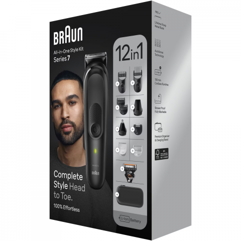 Aparat de tuns multifunctional Braun MGK7460, Wet&Dry, AutoSense, 12-in-1, 2 piepteni ficsi, 4 piepteni, 3 capete, 1 aparat de ras Gillette, autonomie 100 minute, Suport de incarcare, Organizator, Neg [2]