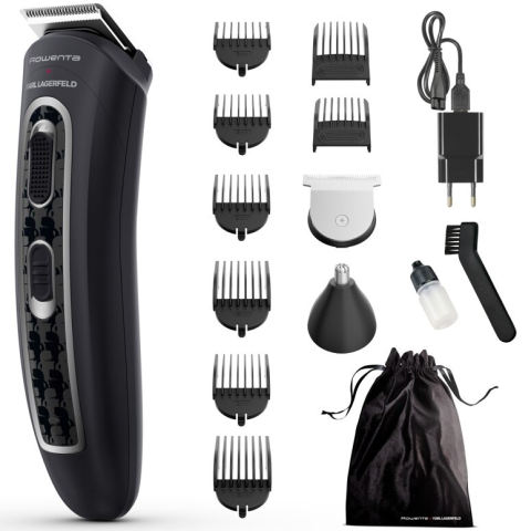 APARATE DE BARBIERIT - Aparat de tuns parul si barba Rowenta x Karl Lagerfeld Trim & Style 12 in 1 TN911LF0, autonomie 120 min, capat pentru barba cu 2 piepteni, capat pentru par cu 6 piepteni, accesoriu nas&urechi, 6500 rp