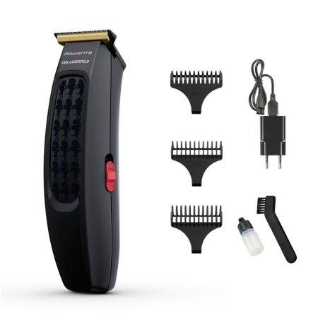 Aparat de tuns Rowenta x Karl Lagerfeld Cut & Style TN182LF0, 6500 rpm, 3 piepteni, perie curatare si ulei lubrifiant incluse, lame din inox, autonomie 90 minute, indicator LED, negru & rosu [1]