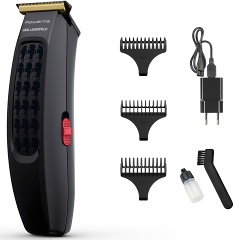 Masini de Tuns - Aparat de tuns Rowenta x Karl Lagerfeld Cut & Style TN182LF0, 6500 rpm, 3 piepteni, perie curatare si ulei lubrifiant incluse, lame din inox, autonomie 90 minute, indicator LED, negru & rosu