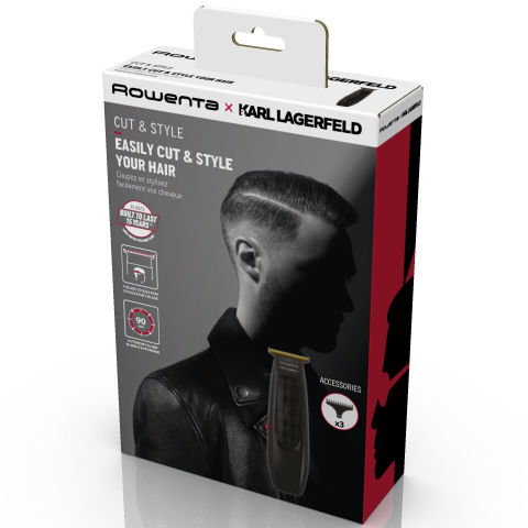 Aparat de tuns Rowenta x Karl Lagerfeld Cut & Style TN182LF0, 6500 rpm, 3 piepteni, perie curatare si ulei lubrifiant incluse, lame din inox, autonomie 90 minute, indicator LED, negru & rosu [3]