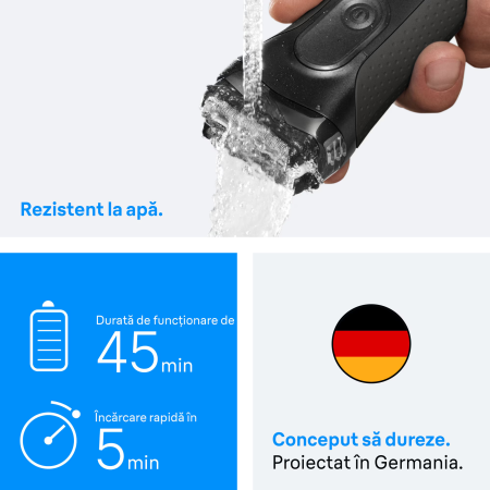 Aparat electric de ras Braun Seria 3+ 3040S, 3 Lame Flexibile, Microcomb pentru eficienta,  Accesoriu pentru tuns eficient, Utilizare umeda/uscata, Fabricat in Germania, Albastru [2]