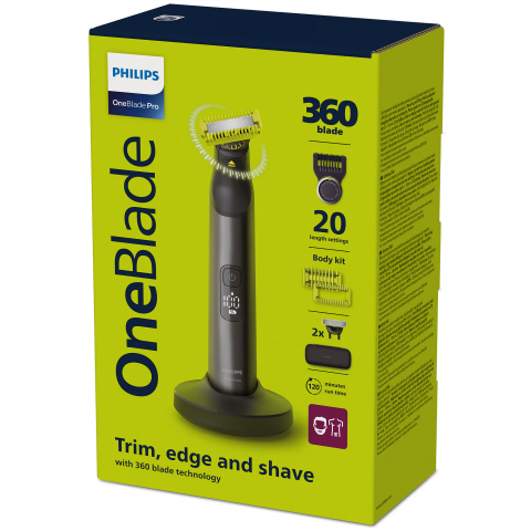Aparat hibrid de barbierit si tuns, pentru fata, PHILIPS OneBlade Pro QP6652/61, 2 lame 360, 20 de setari de lungime (0,4-10 mm), 2 accesorii pentru corp, 120 min (Li-ion), toc hardcase, cablu de alim [1]