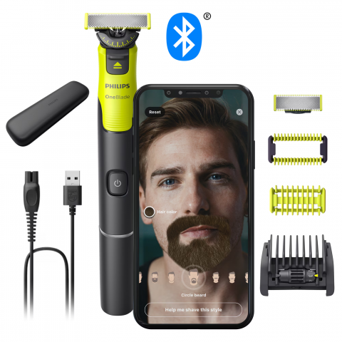 Aparate de Tuns si Ras - Aparat hibrid de barbierit, tuns barba si parul corporal PHILIPS OneBlade 360 QP4631/65, pieptene reglabil 5 in 1, reincarcabil, conectivitate Bluetooth, umed si uscat, 60 min, toc de transport, lama