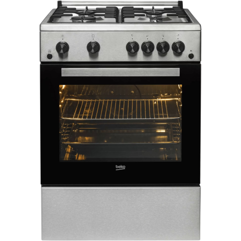 ELECTROCASNICE - RESIGILATE - Aragaz Beko FBGT62110DXO, Gaz, 4 arzatoare, Aprindere electrica plita/cuptor, Grill, Rotisor, High-Efficiency Gas Burner, Timer, 60 cm, Inox