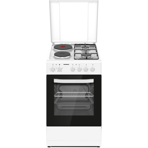 ELECTROCASNICE - RESIGILATE - Aragaz mixt Heinner HFSC-S56E2HSWH, 2 arzatoare gaz + 2 plite electrice, aprindere electrica arzatoare, cuptor electric, clasa A, grill, 50x60 cm, alb