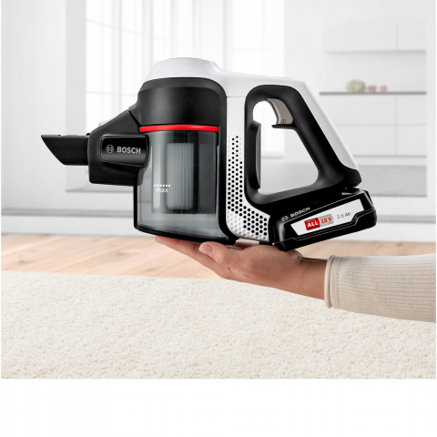 Aspirator vertical multifunctional Bosch Unlimited BCS61113, Acumulator interschimbabil de 18 V (2.5Ah), Perie motorizata AllFloor, Filtru igenic, Volum recipient XL, Alb/Negru (RESIGILAT) [2]