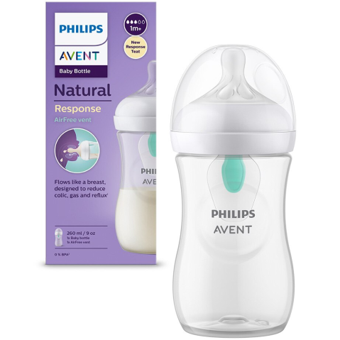 SANATATE SI WELLNESS - Biberon Philips Avent Natural Response SCY673/01, cu dispozitiv anticolici AirFree, 260 ml, tetina care functioneaza ca sanul mamei, cu debit 3, tetina fara scurgeri, +1 luni, fara BPA, usor de curata