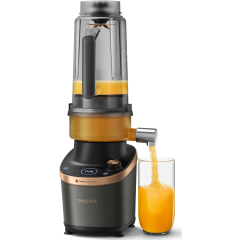 Blender Philips de mare viteza cu functie de stoarcere, tehnologie DUAL CHEF 1500 W, pahar de tritan de 2 l, corp din metal negru, 4 lame zimtate, setari de viteza variabila, presetare si functie impu [1]