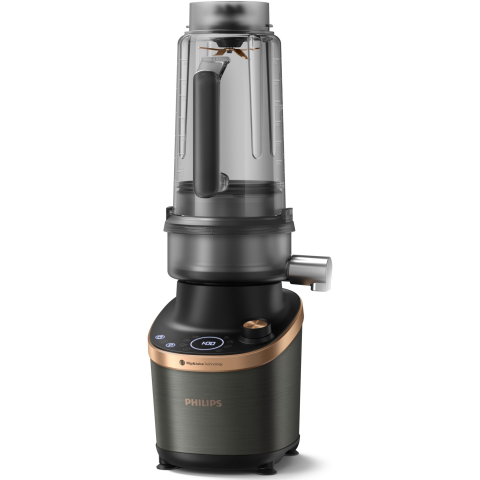 MASINI DE SPALAT VASE - Blender Philips de mare viteza cu functie de stoarcere, tehnologie DUAL CHEF 1500 W, pahar de tritan de 2 l, corp din metal negru, 4 lame zimtate, setari de viteza variabila, presetare si functie impu