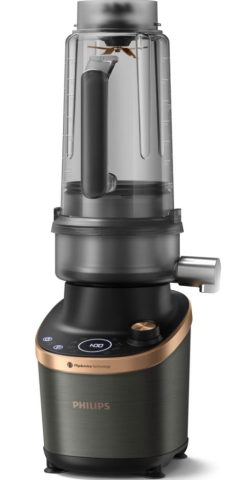 Selecție unică - Blender Philips de mare viteza cu functie de stoarcere, tehnologie DUAL CHEF 1500 W, pahar de tritan de 2 l, corp din metal negru, 4 lame zimtate, setari de viteza variabila, presetare si functie impu