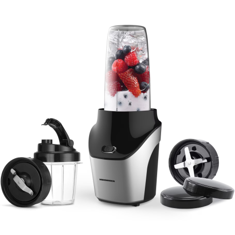 Blender sport Heinner Vitamiser 1000 HSB-T1000SS, 1000W, recipiente Tritan fara BPA 1/0.45L, rasnita inclusa, buton ON/OFF, 18000RPM, lame din inox, 2 capace suplimentare, carcasa din inox, argintiu/n [2]