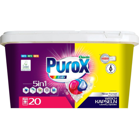CURATENIE SI INGRIJIRE - Capsule detergent rufe, Purox Color, 20 bucati, indeparteaza pete, protejeaza culorile, ecologic