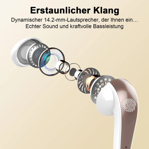 Casti Wireless In-Ear, BESNOOW, Bluetooth 5.3, Anularea Zgomotului, 4 Microfoane, Control Tactil, 40H Deep Bass, Display LED, Waterproof IP7, alb-auriu [2]