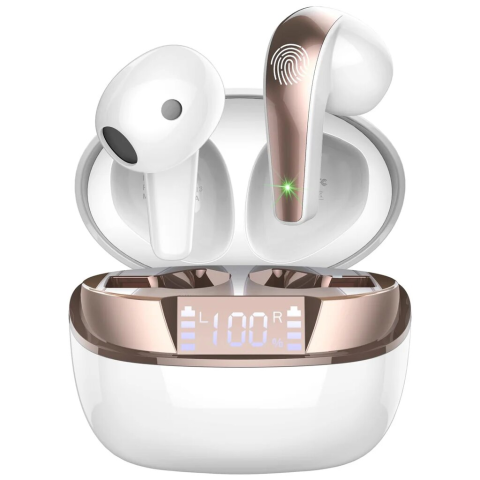 SISTEME AUDIO SI CASTI - Casti Wireless In-Ear, BESNOOW, Bluetooth 5.3, Anularea Zgomotului, 4 Microfoane, Control Tactil, 40H Deep Bass, Display LED, Waterproof IP7, alb-auriu