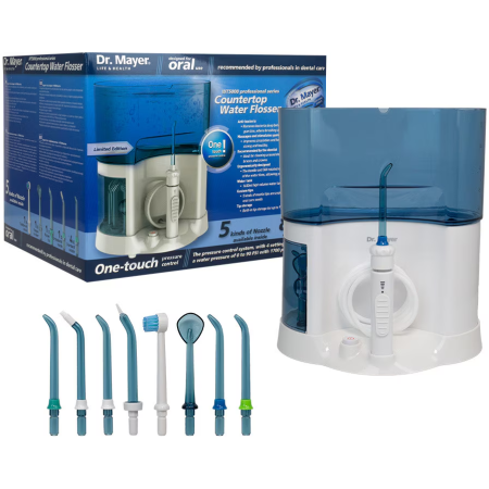Irigatoare Bucale - Dus Bucal fix Dr. Mayer WT5000, tehnologii One Touch si Multi Pulse, 1700 de pulsatii, 6 trepte de viteza, rezervor 1600ml, 8 capete incluse (4 varf standard, 1 ortodontic, 1 curatare limba, 1 perie, 