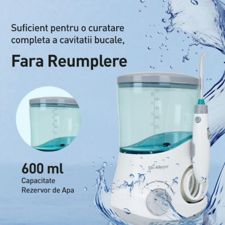 Dus Bucal fix Dr. Mayer WT6000, tehnologii One Touch si Multi Pulse, 1400 de pulsatii, 10 trepte de viteza, rezervor 600ml, 6 capete incluse (3 varf standard, 1 varf ortodontic, 1 curatare limba, 1 ir [3]