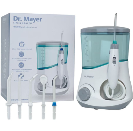 Igiena Orala - Dus Bucal fix Dr. Mayer WT6000, tehnologii One Touch si Multi Pulse, 1400 de pulsatii, 10 trepte de viteza, rezervor 600ml, 6 capete incluse (3 varf standard, 1 varf ortodontic, 1 curatare limba, 1 ir