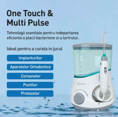 Dus Bucal fix Dr. Mayer WT6000, tehnologii One Touch si Multi Pulse, 1400 de pulsatii, 10 trepte de viteza, rezervor 600ml, 6 capete incluse (3 varf standard, 1 varf ortodontic, 1 curatare limba, 1 ir [1]