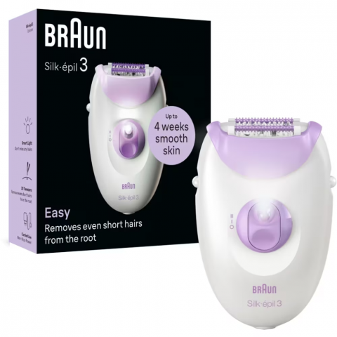 Epilator Clasic - Epilator Braun Silk-épil 3 3-000, MicroGrip, Smart Light, 20 de pensete, 2 viteze, Mov