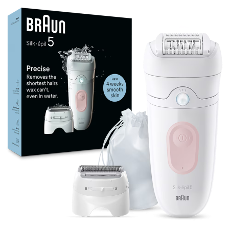 Epilator Clasic - Epilator Braun Silk-épil 5 5-030 Wet & Dry, MicroGrip, Smart Light, 28 de pensete, 2 viteze, Cap de ras + Pieptene, Saculet de voiaj