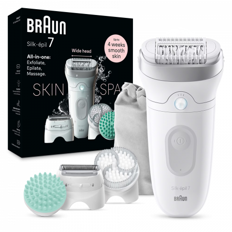 Epilator Braun Silk-épil 7 7-081 SkinSpa, Wet & Dry, MicroGrip, Smart Light, 40 de pensete, 2 viteze, Cap de ras + Pieptene, Cap pentru exfoliere, Cap pentru masaj, Saculet de voiaj, Alb/Gri [1]