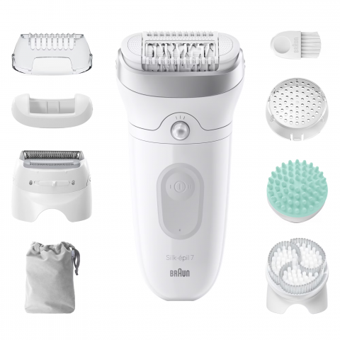 Epilator Braun Silk-épil 7 7-081 SkinSpa, Wet & Dry, MicroGrip, Smart Light, 40 de pensete, 2 viteze, Cap de ras + Pieptene, Cap pentru exfoliere, Cap pentru masaj, Saculet de voiaj, Alb/Gri [2]