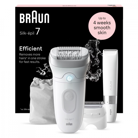 Ingrijire Personala - Epilator Braun Silk-épil 7 7-441 SkinSpa, Wet & Dry, MicroGrip, Smart Light, 40 de pensete, 2 viteze, Trimmer pentru corp, Cap de ras + Pieptene, 1 Capac, Saculet de voiaj, Alb/Argintiu