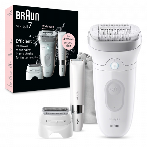 Epilator Braun Silk-épil 7 7-441 SkinSpa, Wet & Dry, MicroGrip, Smart Light, 40 de pensete, 2 viteze, Trimmer pentru corp, Cap de ras + Pieptene, 1 Capac, Saculet de voiaj, Alb/Argintiu [1]