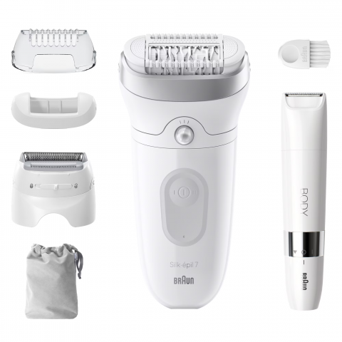 Epilator Braun Silk-épil 7 7-441 SkinSpa, Wet & Dry, MicroGrip, Smart Light, 40 de pensete, 2 viteze, Trimmer pentru corp, Cap de ras + Pieptene, 1 Capac, Saculet de voiaj, Alb/Argintiu [2]