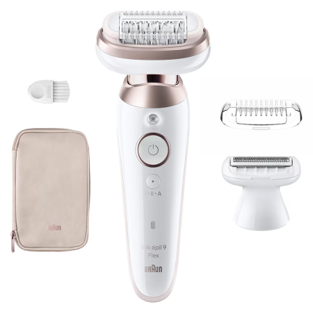 Epilator Braun Silk-épil 9 9-030 Flex 360° Wet & Dry, Smart Touch, 40 de pensete, 2 viteze, Cap de ras + Pieptene, Geanta de voiaj, Alb/Bronz [2]
