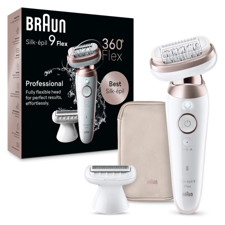 Ingrijire Personala - Epilator Braun Silk-épil 9 9-030 Flex 360° Wet & Dry, Smart Touch, 40 de pensete, 2 viteze, Cap de ras + Pieptene, Geanta de voiaj, Alb/Bronz