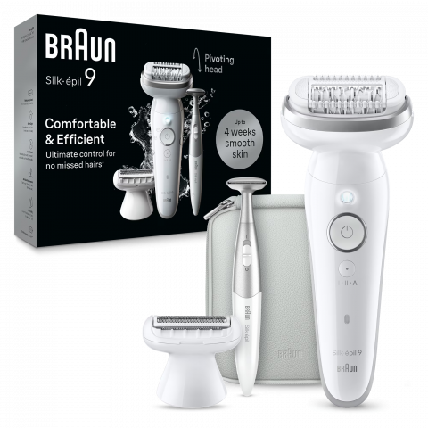 Ingrijire Personala - Epilator Braun Silk-épil 9 9-241 Wet & Dry, MicroGrip, Smart Light, 2 viteze, 40 pensete, Trimmer bikini + accesorii, Cap de ras + Pieptene, 1 capac pentru contactul cu pielea, Geanta de voiaj, Alb/Gr