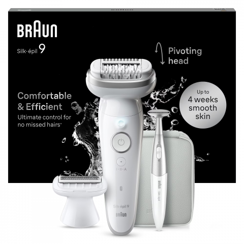 Epilator Braun Silk-épil 9 9-241 Wet & Dry, MicroGrip, Smart Light, 2 viteze, 40 pensete, Trimmer bikini + accesorii, Cap de ras + Pieptene, 1 capac pentru contactul cu pielea, Geanta de voiaj, Alb/Gr [3]
