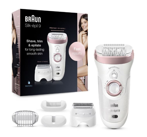 Ingrijire Personala - Epilator Braun Silk-épil 9 9/725 SensoSmart™, Micro-Grip, Wet & Dry, 40 pensete, 2 viteze, cap de ras, cap de tuns, cap de precizie pentru fata, Saculet petru voiaj, Alb/Rose