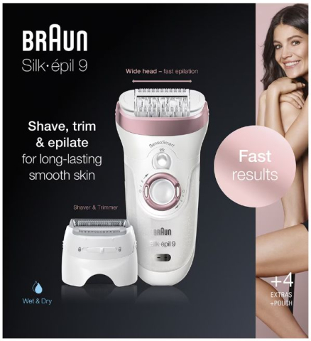 Epilator Braun Silk-épil 9 9/725 SensoSmart™, Micro-Grip, Wet & Dry, 40 pensete, 2 viteze, cap de ras, cap de tuns, cap de precizie pentru fata, Saculet petru voiaj, Alb/Rose [3]