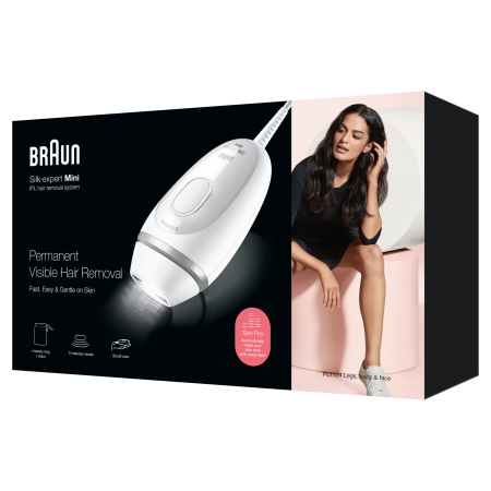 Epilator IPL Braun IPL Silk·expert Mini PL1124, SensoAdapt, 300.000 impulsuri, 3 niveluri de intensitate, corp si fata, aparat de ras Venus, Saculet de calatorie, Alb/Gri [1]