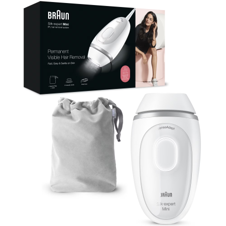 Ingrijire Personala - Epilator IPL Braun IPL Silk·expert Mini PL1124, SensoAdapt, 300.000 impulsuri, 3 niveluri de intensitate, corp si fata, aparat de ras Venus, Saculet de calatorie, Alb/Gri