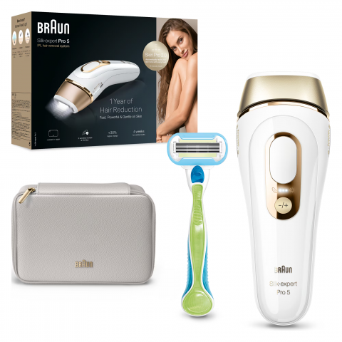 Epilator IPL Braun Silk-expert PRO 5 PL5052 Senzor automat & continuu Skin pro 2.0, 400.000 impulsuri, 10 niveluri de intensitate, 125 de impulsuri pe minut, Trusa de voiaj, Aparat de ras Venus, Alb/A [1]