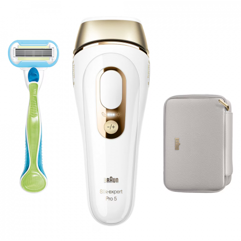 Epilator IPL Braun Silk-expert PRO 5 PL5052 Senzor automat & continuu Skin pro 2.0, 400.000 impulsuri, 10 niveluri de intensitate, 125 de impulsuri pe minut, Trusa de voiaj, Aparat de ras Venus, Alb/A [2]