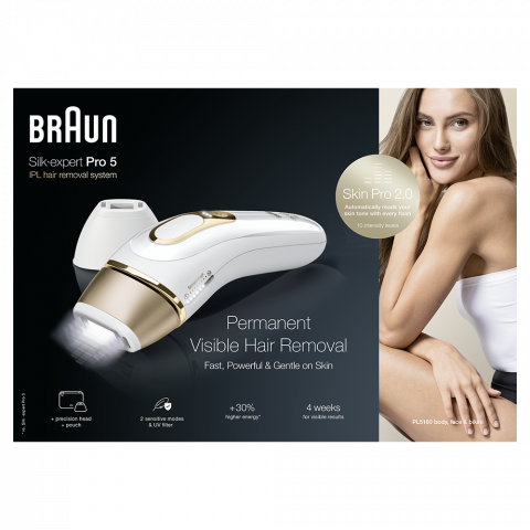 Epilator IPL Braun Silk-expert PRO 5 PL5160 senzor automat & continuu skin pro 2.0, 400.000 impulsuri, 10 niveluri de intensitate, 125 de impulsuri pe minut, cap de precizie, trusa de voiaj, alb/auriu [2]