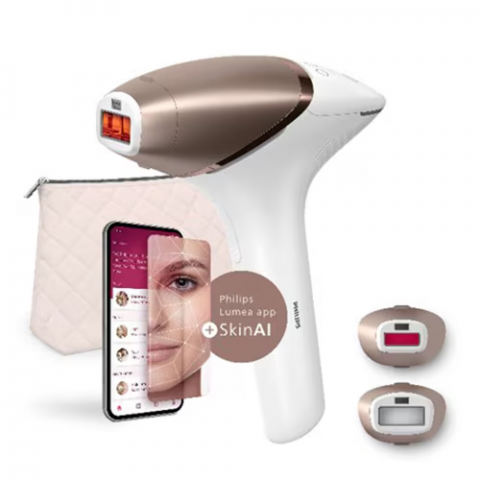 EPILATOARE - Epilator IPL Philips Lumea Seria 9900 BRI950/01, senzor SmartSkin, conectare la aplicatia cu functia Skin AI, utilizare cu sau fara fir, 450.000 impusuri, accesorii: fata, corp, Rose Gold/Alb