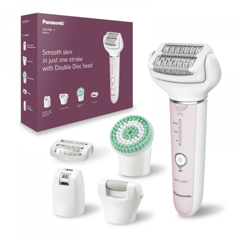 EPILATOARE - Epilator Panasonic ES-EY80-P503, Wet & Dry, Cordless, 2discuri & 60 pensete, Senzor presiune, Discuri duble, Cap flexibil si pivotant la 90°, 3 viteze, Alb/Roz