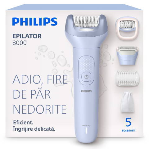 EPILATOARE - Epilator PHILIPS BRE709/00 Seria 8000 cu ProGuide 360° pentru epilare precisa, pensete ceramice, cap ras, pieptene, husa, autonomie 60 min