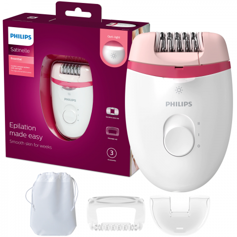 EPILATOARE - Epilator Philips Satinelle BRE255/00, 2 viteze, Opti-light, cap de epilare lavabil, 3 accesorii, Alb